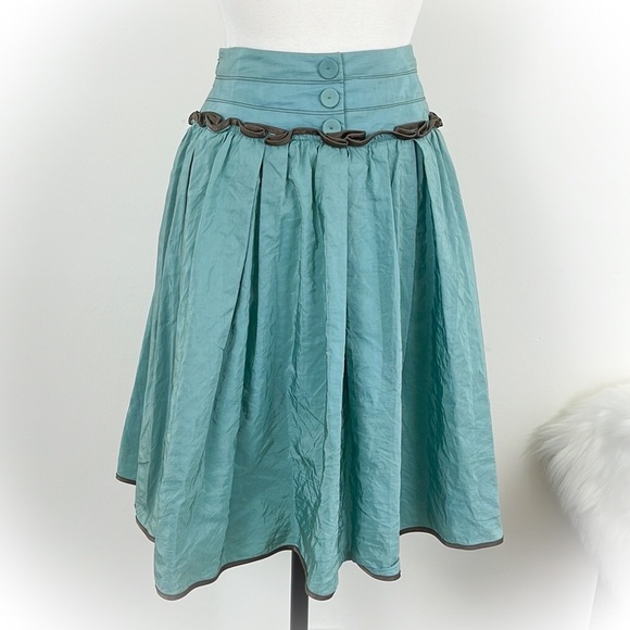💕Beautiful Teal Colored Full Cue Skirt Beautiful Brown Trim Detail💕 - Picture 3 of 10